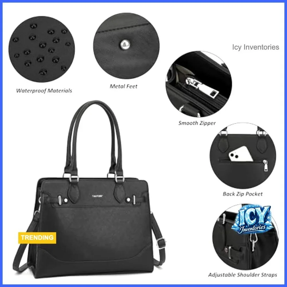 Structured Tote Bag, Vegan Leather Satchel with Pockets for Work